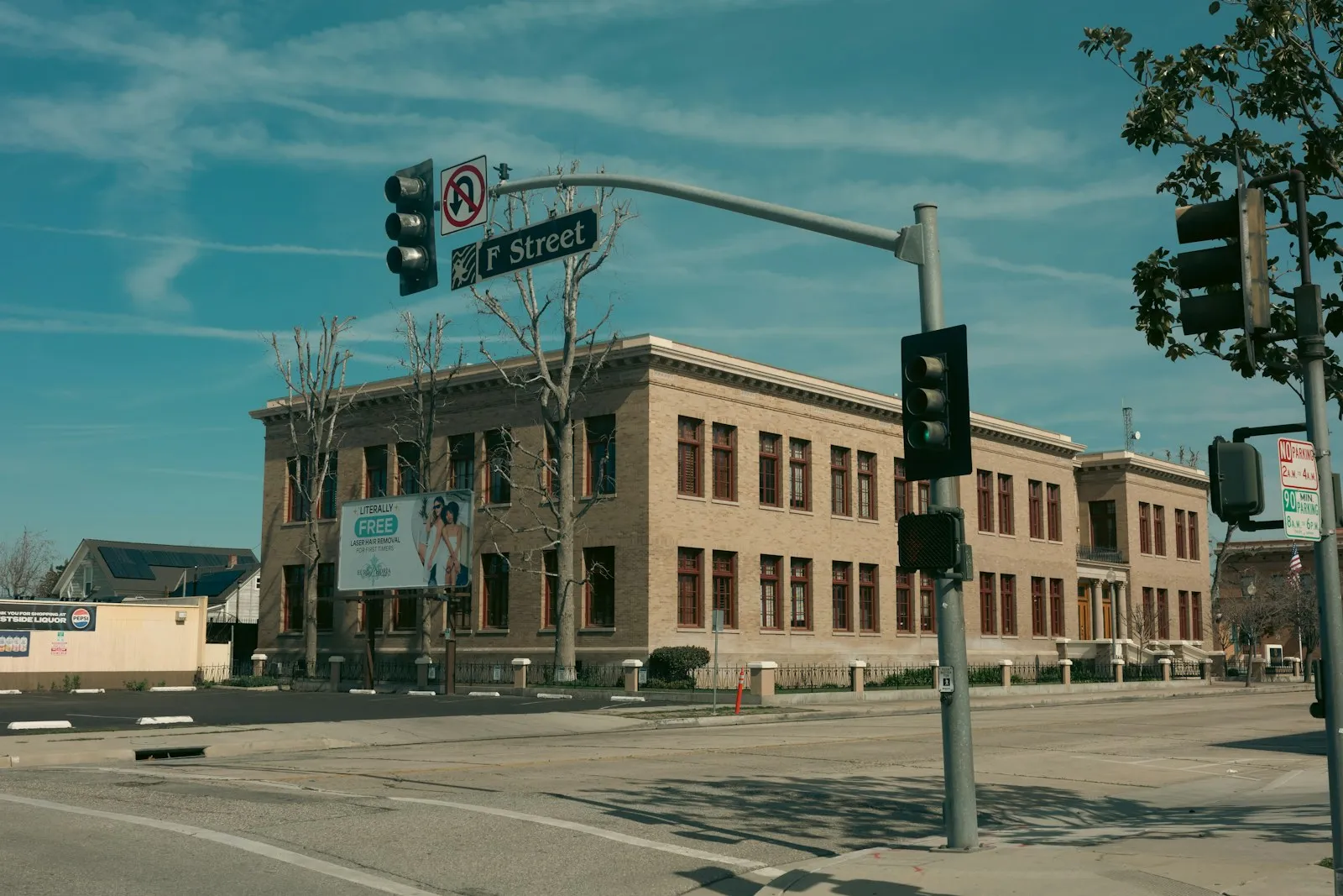 Brick building on a city street in Bakersfield, California.