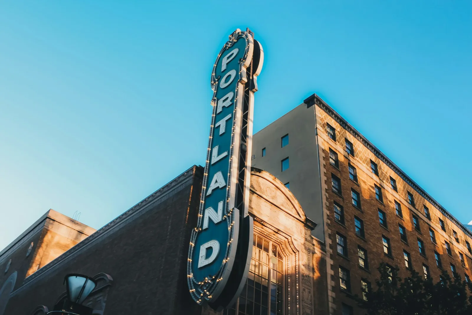 Portland neon sign at dusk, Oregon.